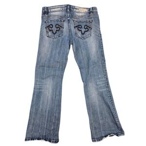 Rerock for Express Womens 10S Blue Bootcut Jeans Embroidered Low Rise Med Wash